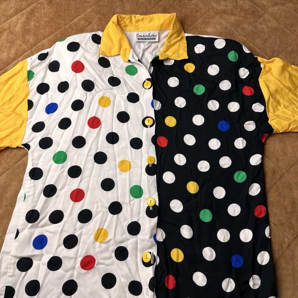 Vintage Split Polka Dot Shirt Memphis Art Teacher Yellow Button Down Womens L